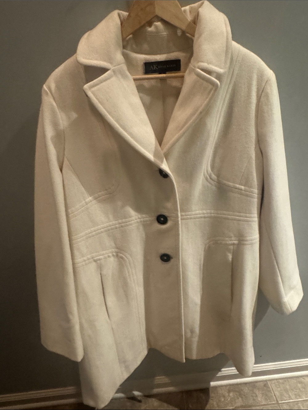Anne Klein Cream Wool-Blend Pea Coat with Button Front